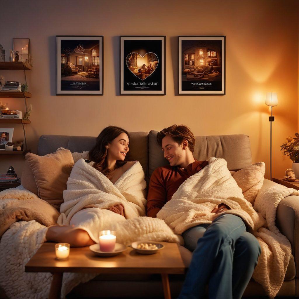 A cozy living room scene with a couple cuddled up on a sofa, surrounded by streaming screens showing various romantic relationship series. The atmosphere is warm and inviting, with soft lighting, popcorn bowls, and a fluffy blanket. Include hints of different series posters on the walls, creating an engaging vibe. Add subtle heart-shaped decorations to reflect affection. super-realistic. warm colors. inviting ambiance.