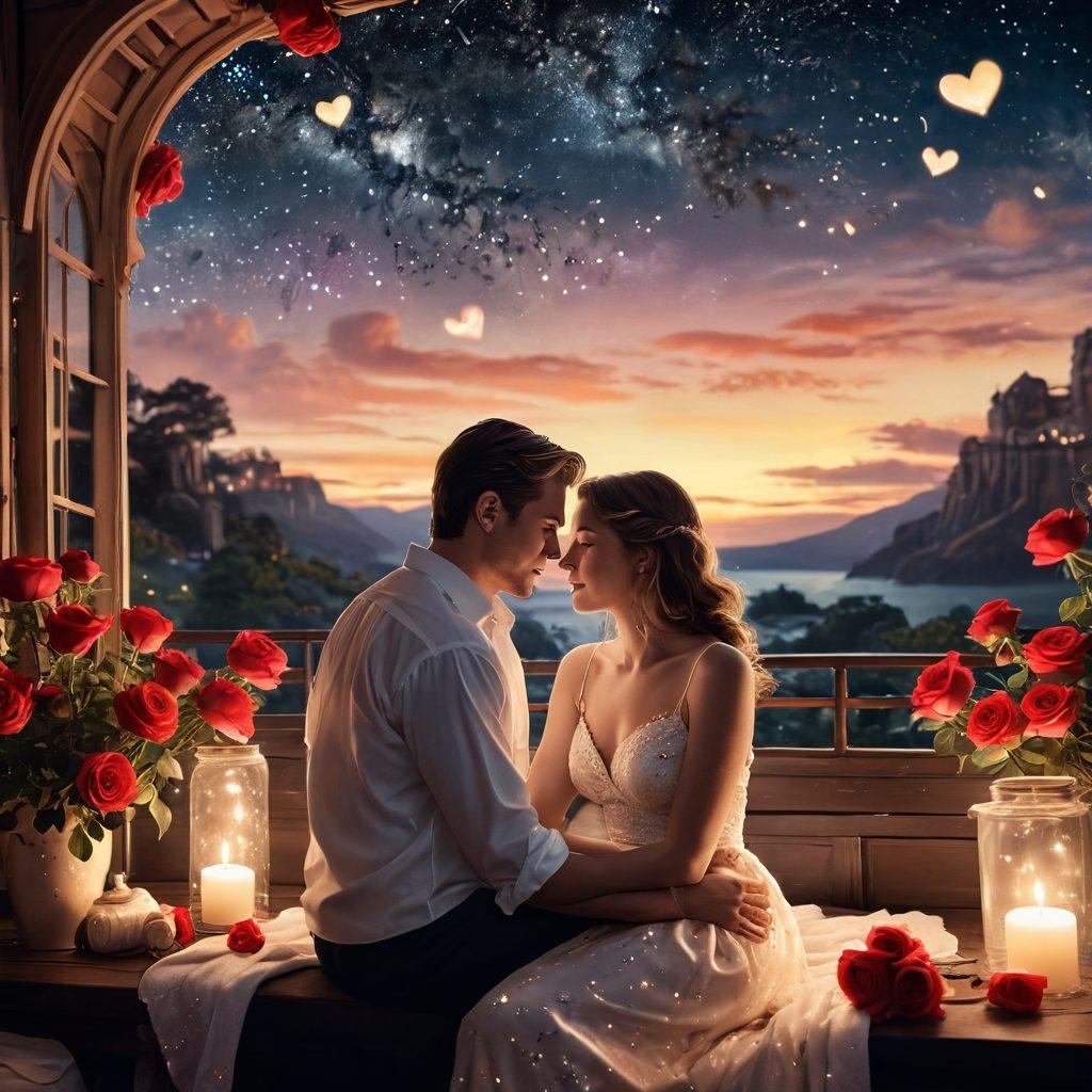 A passionate couple sharing an intimate moment under a starlit sky, surrounded by scenes depicting iconic love stories from various films. Include elements like film reels, roses, and hearts softly glowing in the background. The atmosphere should evoke a sense of drama and romance. warm tones. super-realistic. dreamy background.