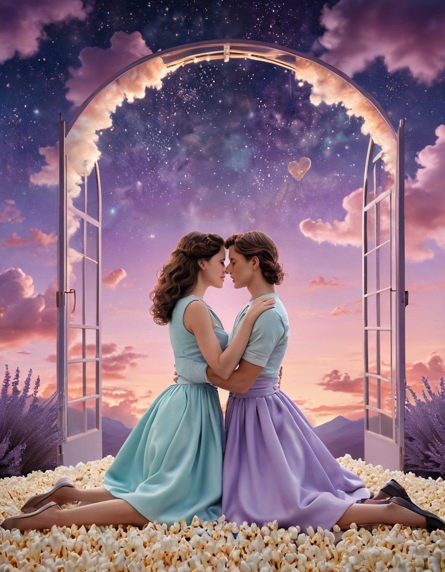 A mesmerizing scene depicting a couple in a dreamy embrace, surrounded by an ethereal backdrop of heart-shaped clouds and soft twinkling stars. The atmosphere is filled with lavender hues and gentle, flowing petals, symbolizing love and romance. In the foreground, a vintage movie reel and popcorn add a nostalgic cinematic touch, inviting viewers into the world of romantic dramas. whimsical and enchanting. soft pastel colors. 3D.